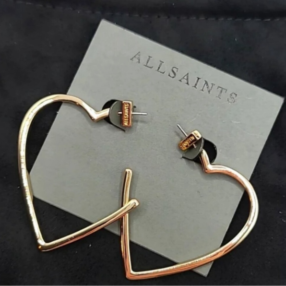 ALL SAINTS Gold Tone Large Heart Hoops Earrings NWT Post Back Gift Hearts GIFT